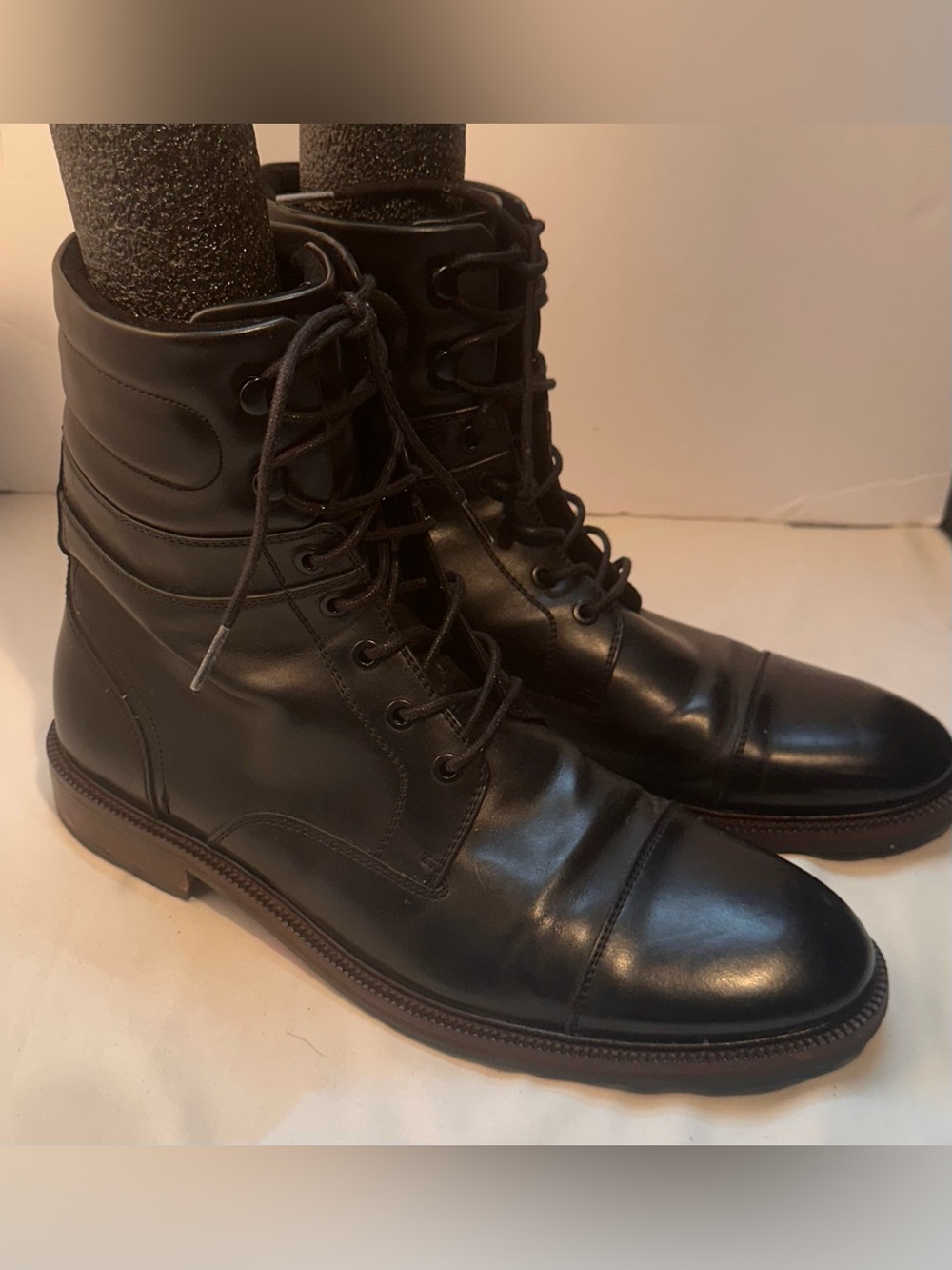 Kenneth Cole Black Leather Lace-Up Cap-Toe Ankle Boots